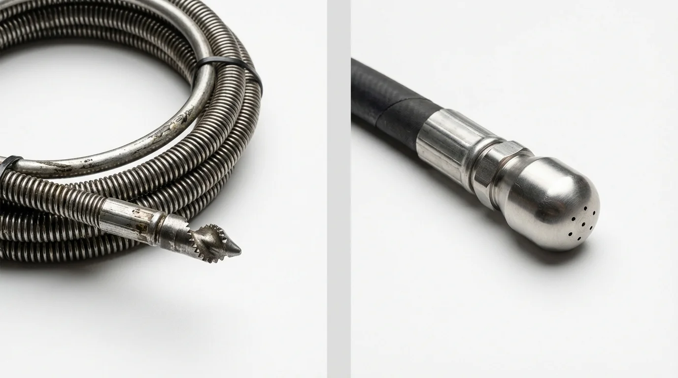 Drain snake cable and hydro jetting nozzle used for drain cleaning in Manchester, ME