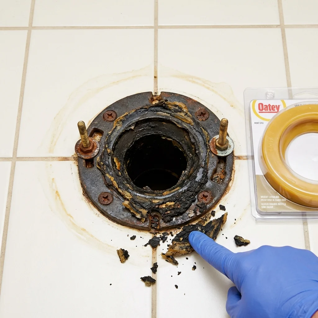 Failed wax ring showing water seepage at the base of a toilet in a Manchester, ME home