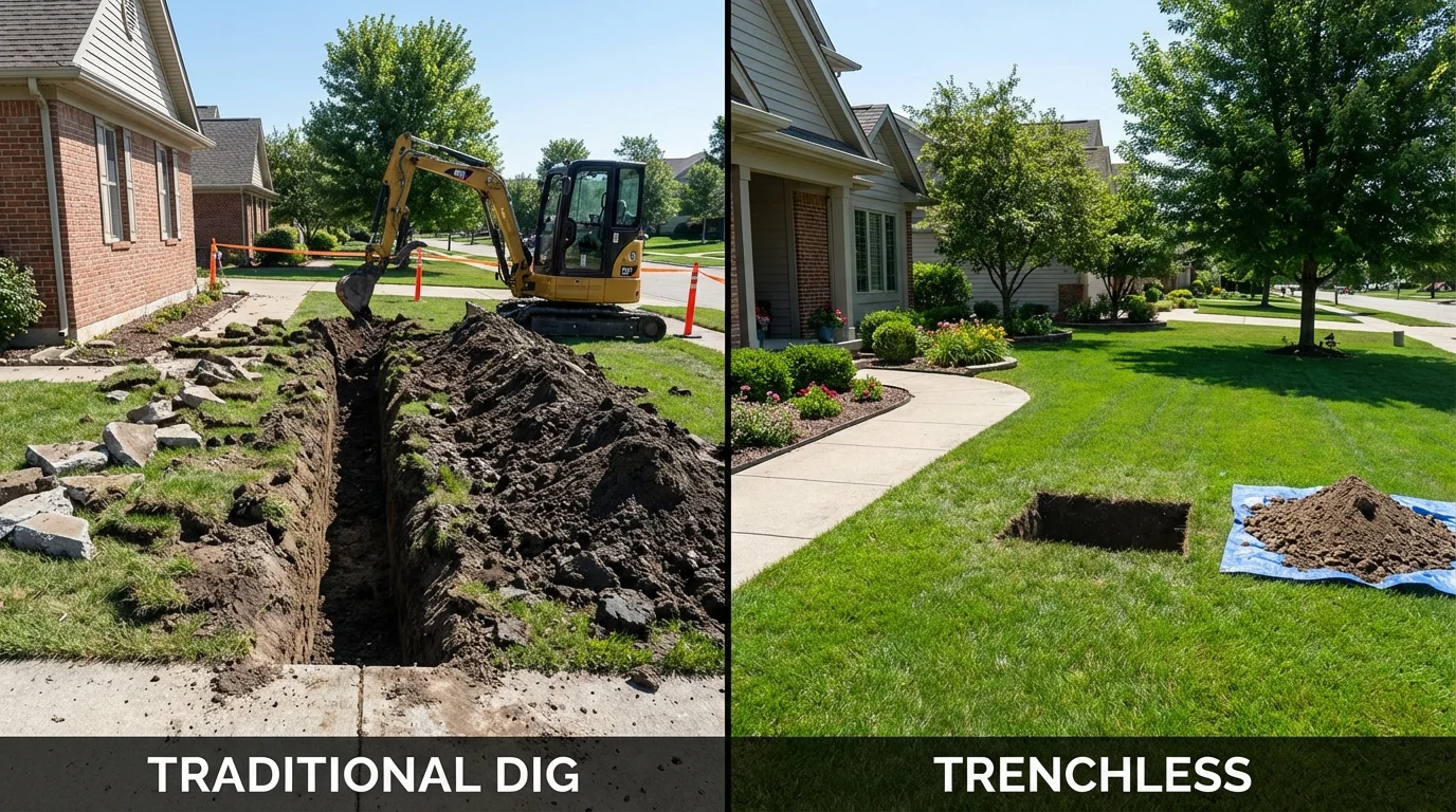 Trenchless sewer repair with minimal yard damage versus traditional excavation in Manchester, ME