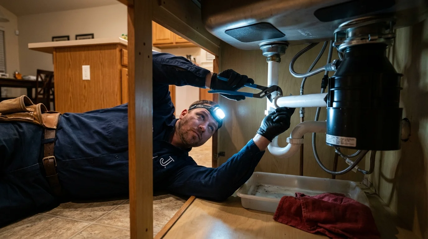 P-trap and supply line connections under a kitchen sink showing a common leak point in Manchester, ME